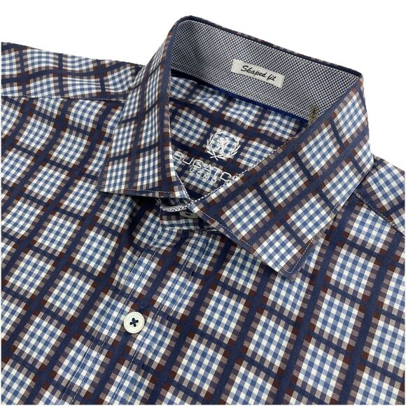 Bugatchi Mens Windowpane Plaid Long Sleeve Button Up Blue Brown- M - Picture 4 of 15